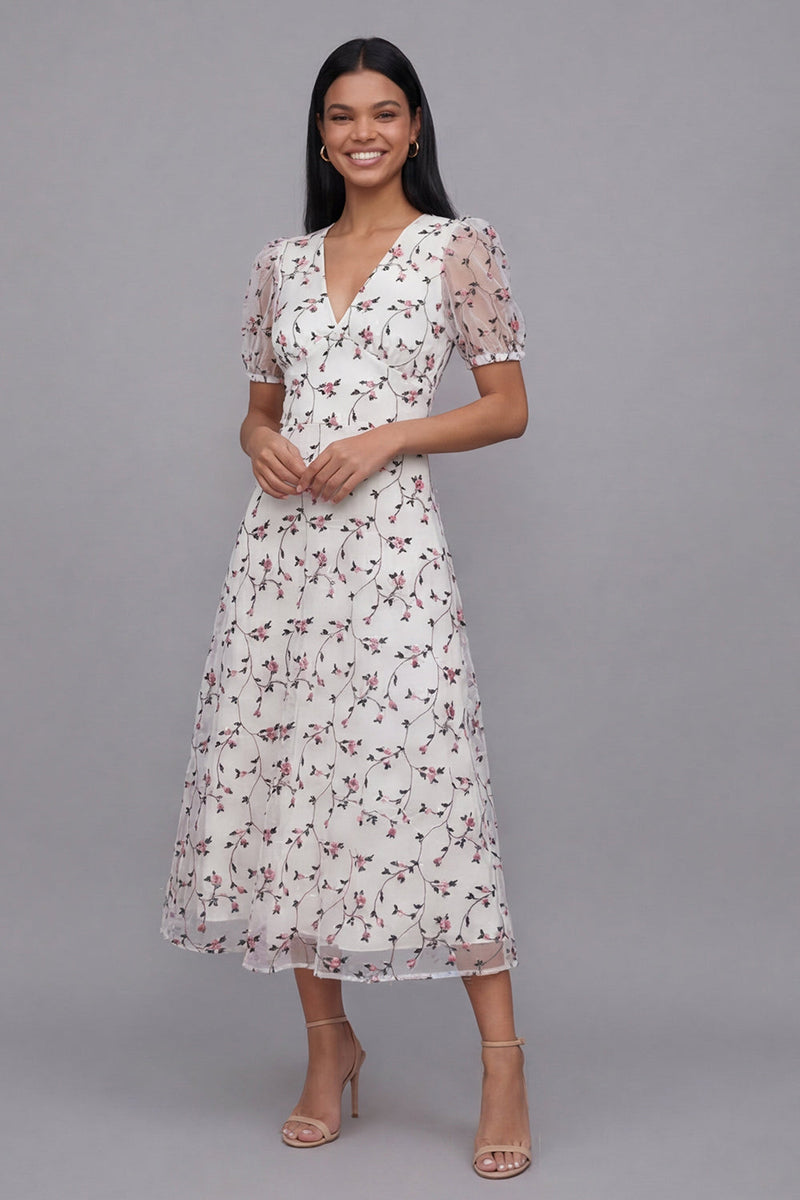 Load image into Gallery viewer, White Pink Flower Maxi V-Neck A Line Beach Wedding Guest Dress