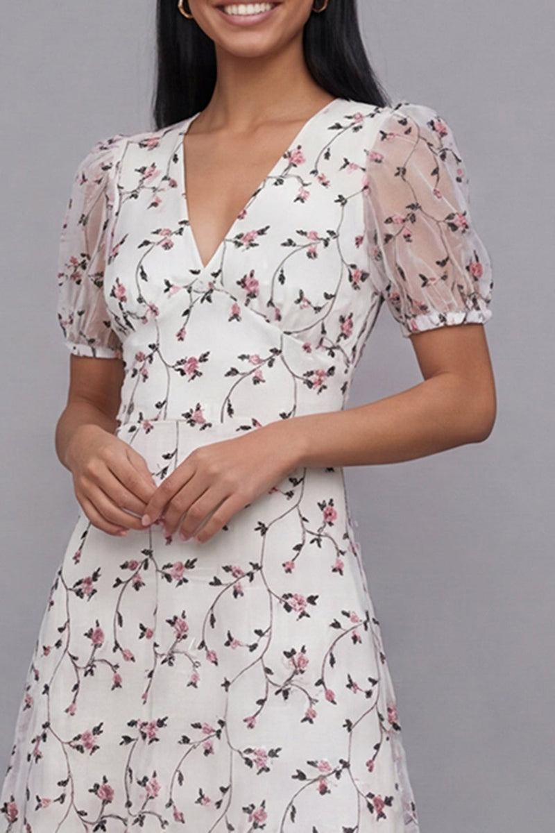 Load image into Gallery viewer, White Pink Flower Maxi V-Neck A Line Beach Wedding Guest Dress