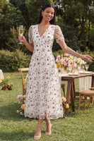 Load image into Gallery viewer, White Pink Flower Maxi V-Neck A Line Beach Wedding Guest Dress