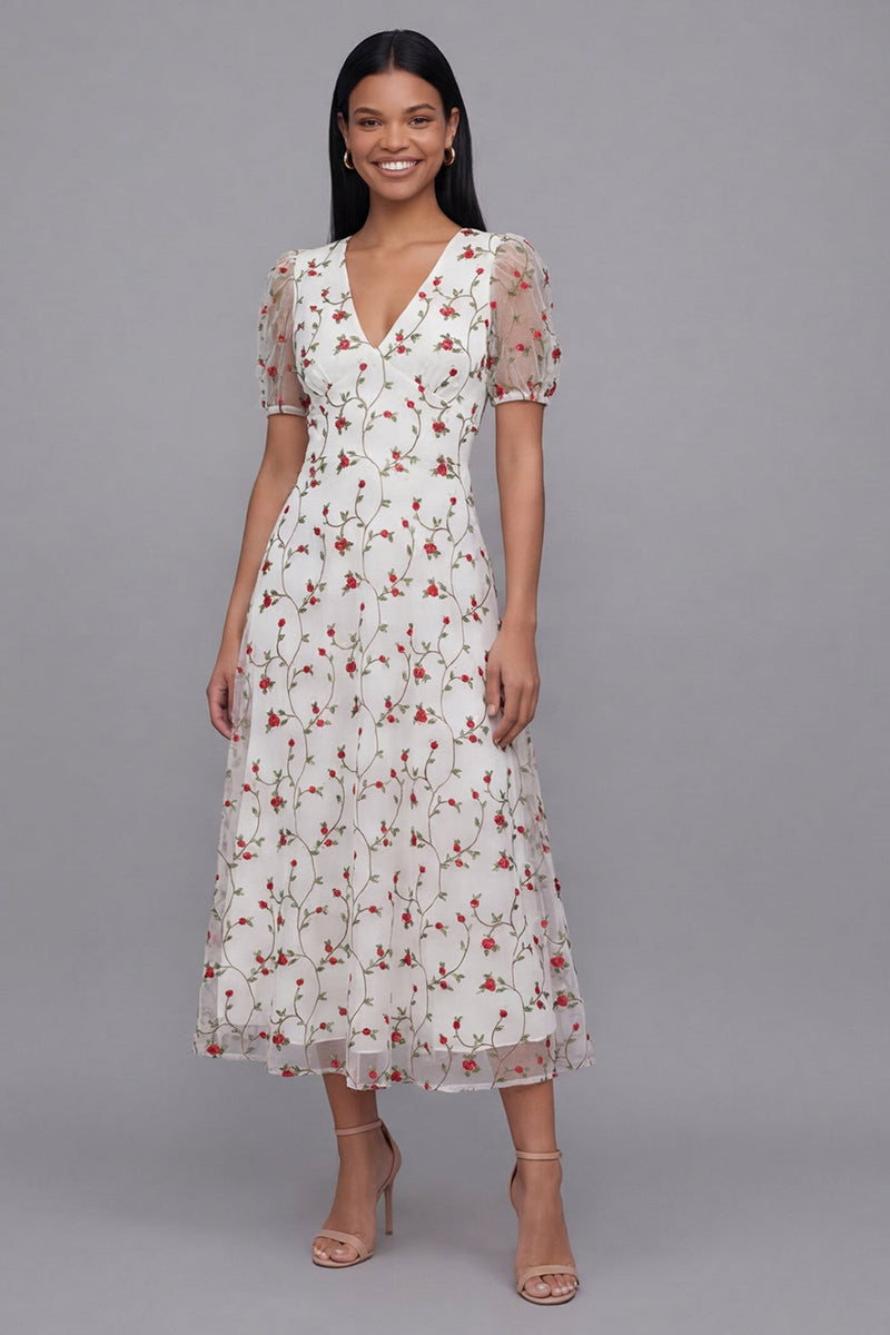 Load image into Gallery viewer, White Pink Flower Maxi V-Neck A Line Beach Wedding Guest Dress