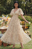 Load image into Gallery viewer, V-Neck Champagne Maxi Floral A Line Beach Wedding Guest Dress