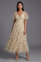 Load image into Gallery viewer, V-Neck Champagne Maxi Floral A Line Beach Wedding Guest Dress