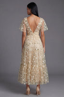Load image into Gallery viewer, V-Neck Champagne Maxi Floral A Line Beach Wedding Guest Dress