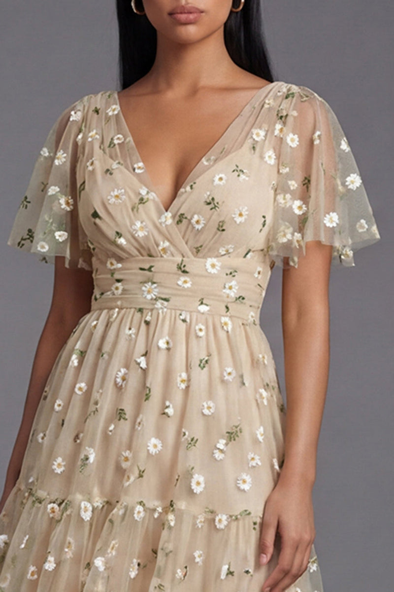 Load image into Gallery viewer, V-Neck Champagne Maxi Floral A Line Beach Wedding Guest Dress