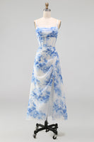 Load image into Gallery viewer, White Blue Flower Corset Floral Maxi A Line Wedding Guest Dress with Slit