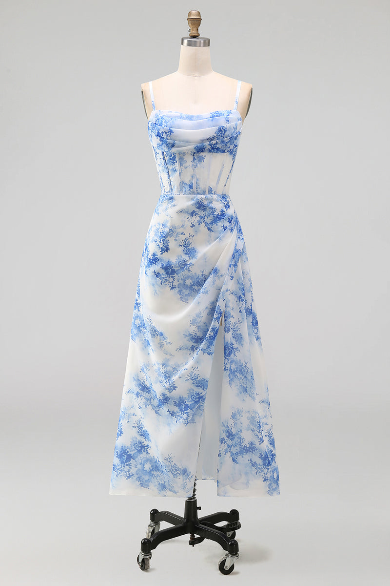 Load image into Gallery viewer, White Blue Flower Corset Floral Maxi A Line Wedding Guest Dress with Slit