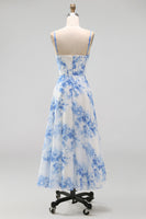 Load image into Gallery viewer, White Blue Flower Corset Floral Maxi A Line Wedding Guest Dress with Slit