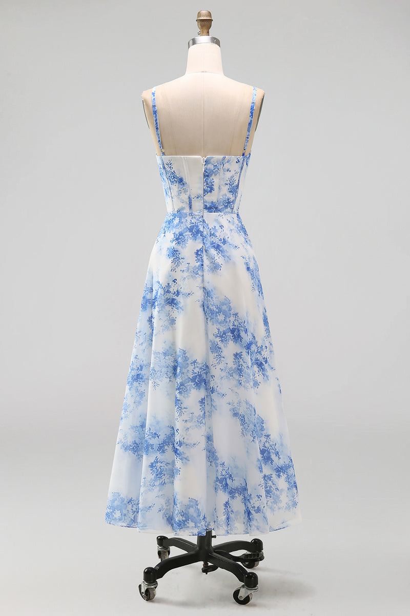 Load image into Gallery viewer, White Blue Flower Corset Floral Maxi A Line Wedding Guest Dress with Slit