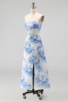 Load image into Gallery viewer, White Blue Flower Corset Floral Maxi A Line Wedding Guest Dress with Slit