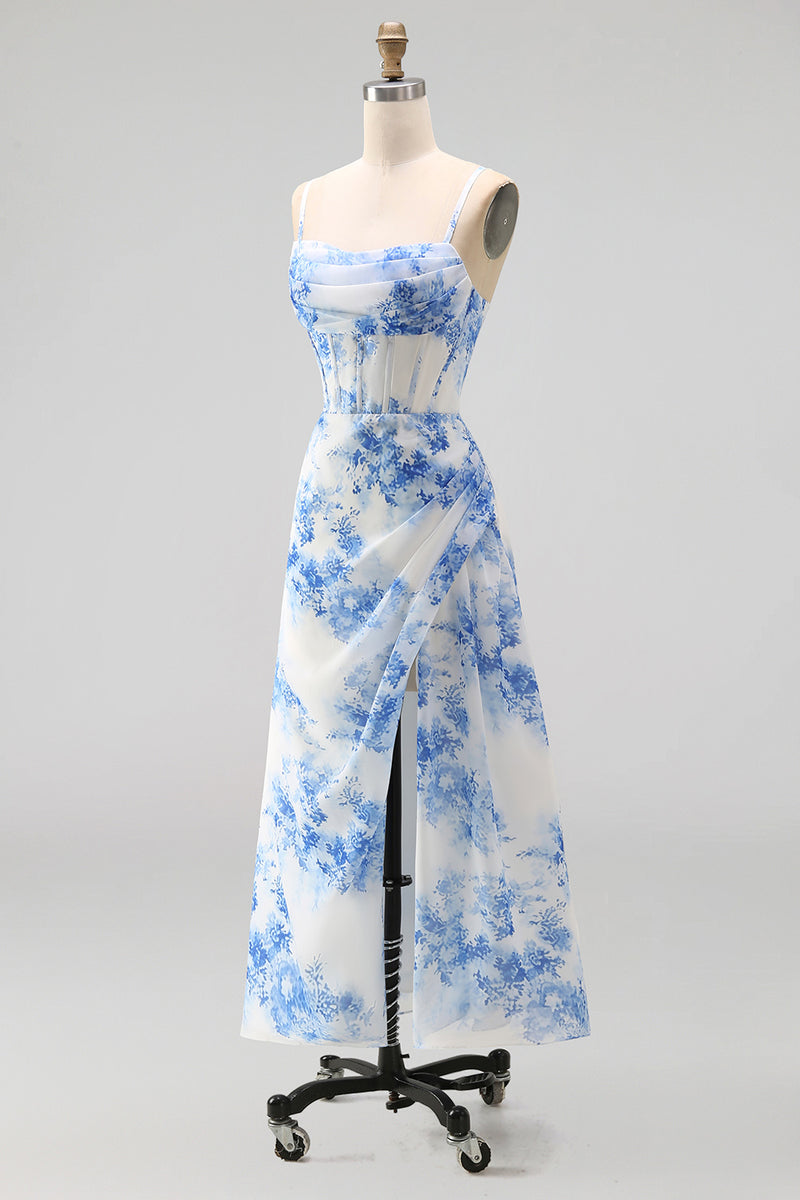 Load image into Gallery viewer, White Blue Flower Corset Floral Maxi A Line Wedding Guest Dress with Slit