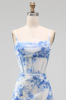 Load image into Gallery viewer, White Blue Flower Corset Floral Maxi A Line Wedding Guest Dress with Slit