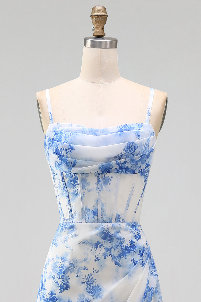 Load image into Gallery viewer, White Blue Flower Corset Floral Maxi A Line Wedding Guest Dress with Slit