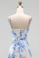 Load image into Gallery viewer, White Blue Flower Corset Floral Maxi A Line Wedding Guest Dress with Slit