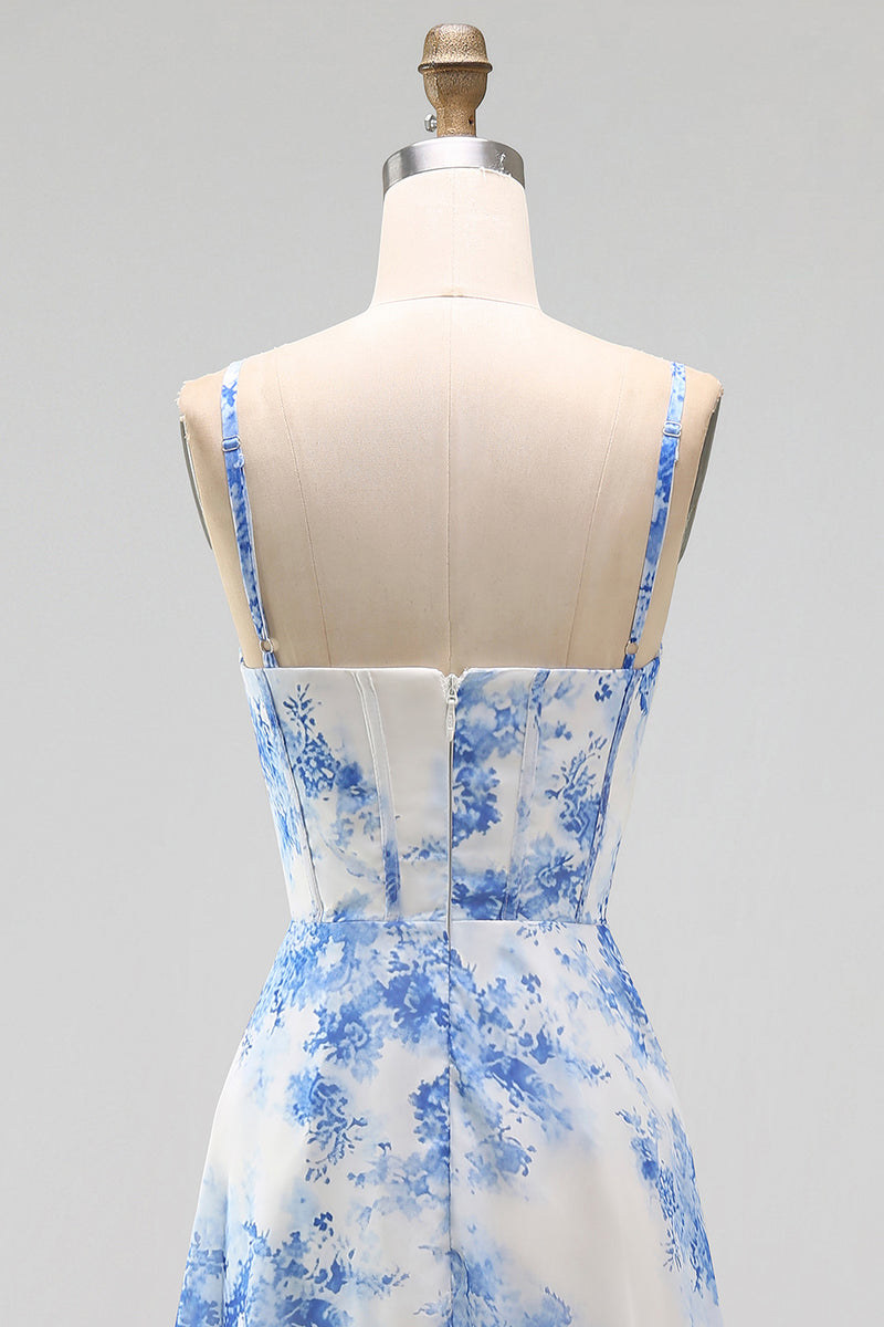Load image into Gallery viewer, White Blue Flower Corset Floral Maxi A Line Wedding Guest Dress with Slit