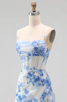 Load image into Gallery viewer, White Blue Flower Corset Floral Maxi A Line Wedding Guest Dress with Slit