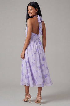 Lilac Halter Floral Maxi A Line Beach Wedding Guest Dress with Pleats