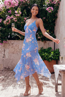 Load image into Gallery viewer, Blue Spaghetti Straps Floral Asymmetrical A Line Beach Wedding Guest Dress