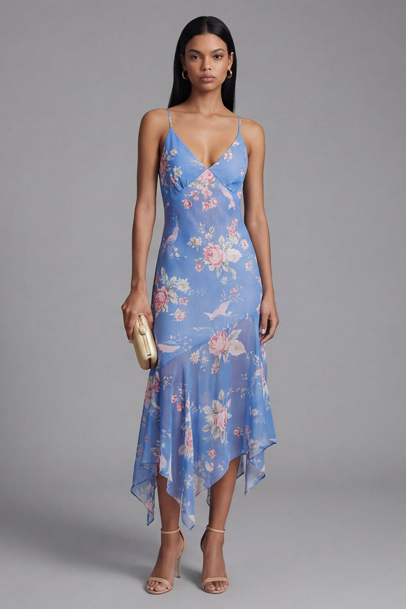 Load image into Gallery viewer, Blue Spaghetti Straps Floral Asymmetrical A Line Beach Wedding Guest Dress