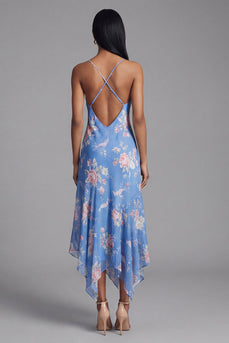 Blue Spaghetti Straps Floral Asymmetrical A Line Beach Wedding Guest Dress