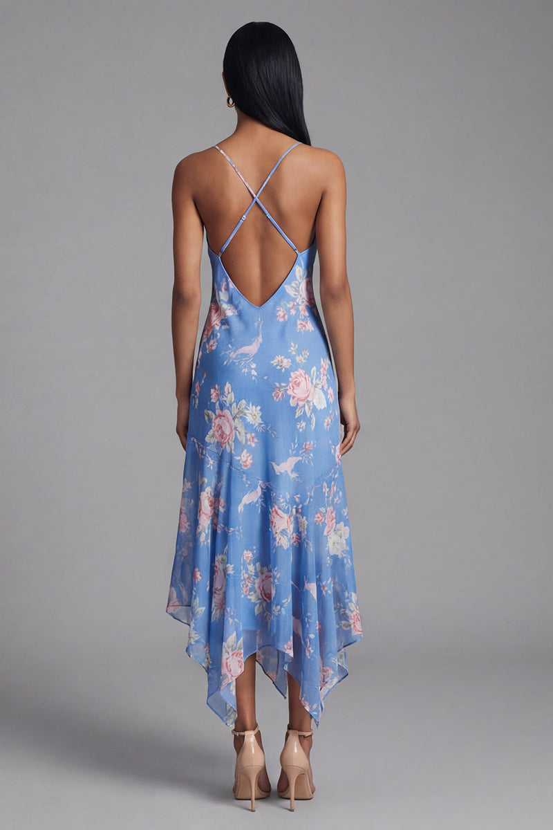 Load image into Gallery viewer, Blue Spaghetti Straps Floral Asymmetrical A Line Beach Wedding Guest Dress