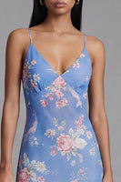 Load image into Gallery viewer, Blue Spaghetti Straps Floral Asymmetrical A Line Beach Wedding Guest Dress