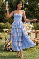 Load image into Gallery viewer, Blue Corset Floral Maxi A Line Beach Wedding Guest Dress with Ruffles