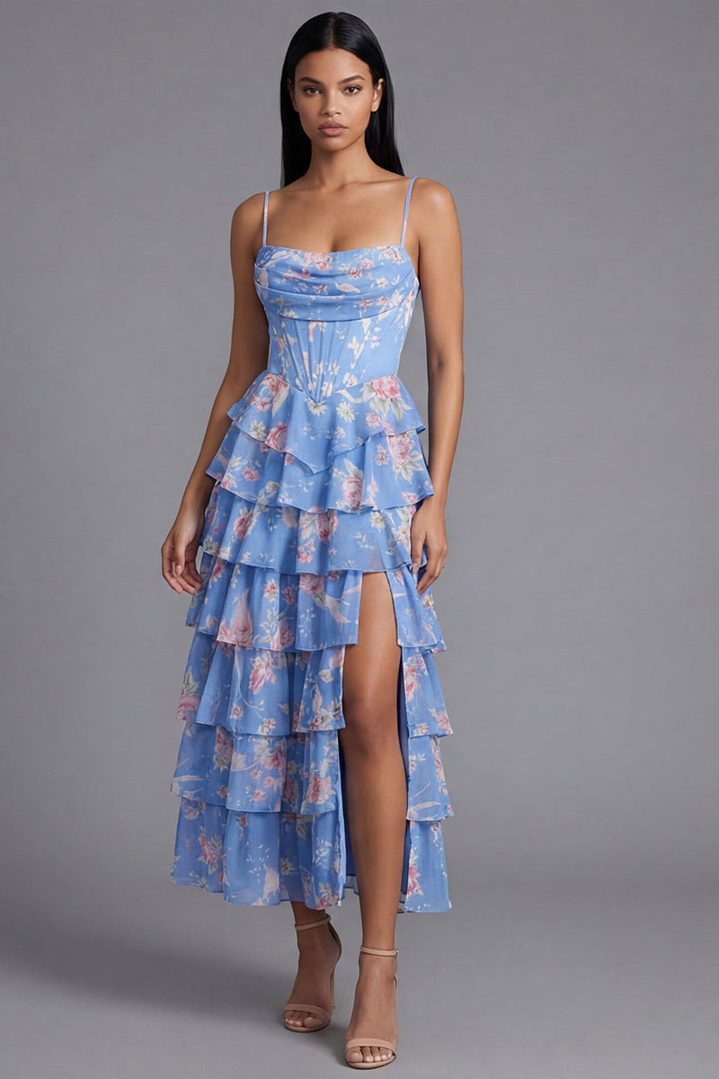 Load image into Gallery viewer, Blue Corset Floral Maxi A Line Beach Wedding Guest Dress with Ruffles