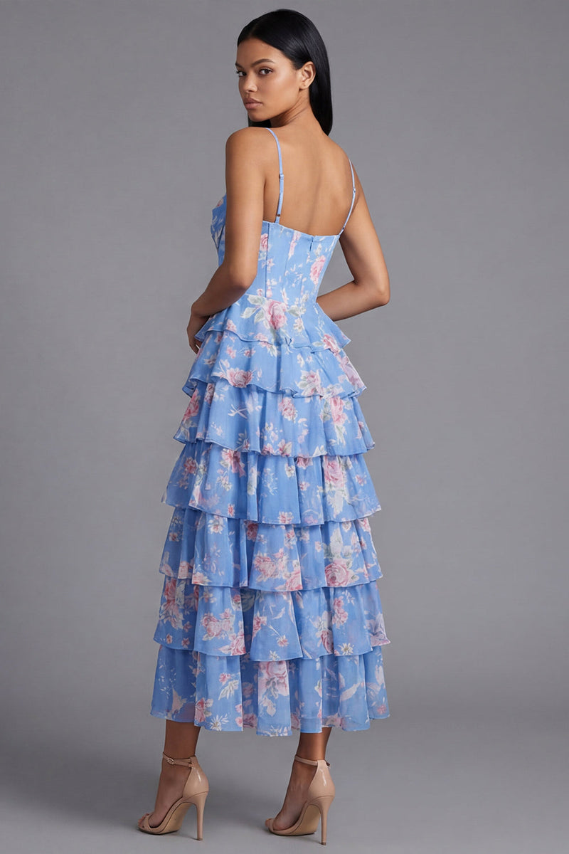 Load image into Gallery viewer, Blue Corset Floral Maxi A Line Beach Wedding Guest Dress with Ruffles