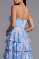 Load image into Gallery viewer, Blue Corset Floral Maxi A Line Beach Wedding Guest Dress with Ruffles