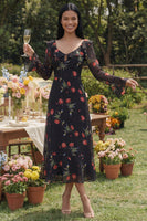 Load image into Gallery viewer, Black Floral Maxi Keyhole A Line Beach Wedding Guest Dress with Ruffles