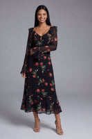 Load image into Gallery viewer, Black Floral Maxi Keyhole A Line Beach Wedding Guest Dress with Ruffles