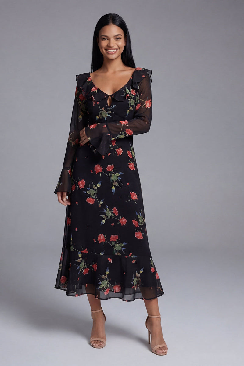 Load image into Gallery viewer, Black Floral Maxi Keyhole A Line Beach Wedding Guest Dress with Ruffles