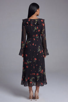 Black Floral Maxi Keyhole A Line Beach Wedding Guest Dress with Ruffles