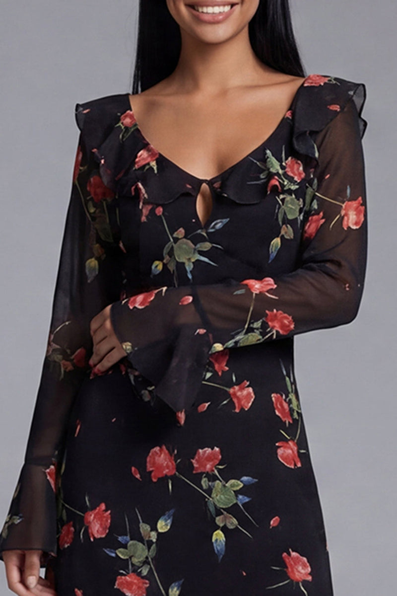Load image into Gallery viewer, Black Floral Maxi Keyhole A Line Beach Wedding Guest Dress with Ruffles