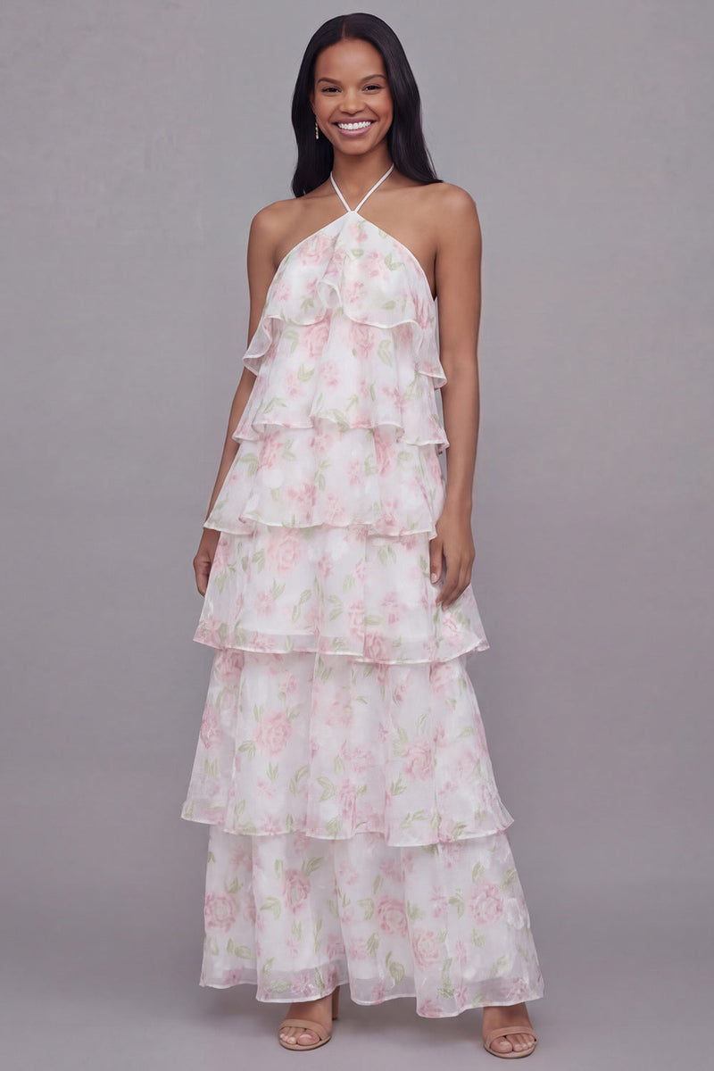 Load image into Gallery viewer, Maxi A Line White Pink Flower Beach Wedding Guest Dress with Ruffles