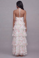 Load image into Gallery viewer, Maxi A Line White Pink Flower Beach Wedding Guest Dress with Ruffles