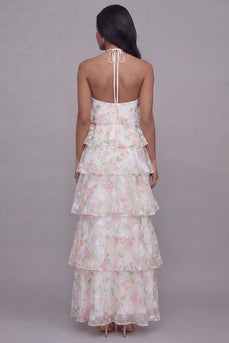 Maxi A Line White Pink Flower Beach Wedding Guest Dress with Ruffles