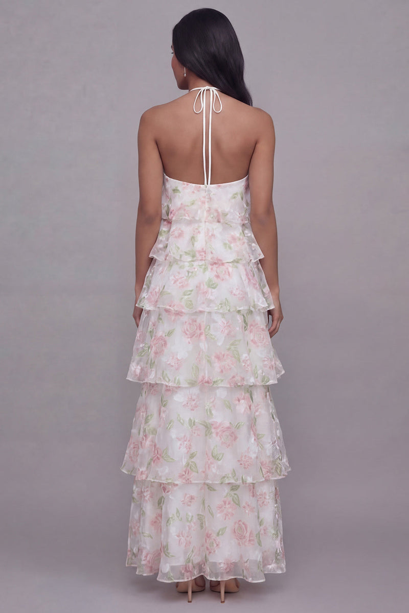 Load image into Gallery viewer, Maxi A Line White Pink Flower Beach Wedding Guest Dress with Ruffles