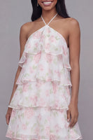 Load image into Gallery viewer, Maxi A Line White Pink Flower Beach Wedding Guest Dress with Ruffles