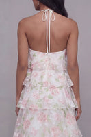 Load image into Gallery viewer, Maxi A Line White Pink Flower Beach Wedding Guest Dress with Ruffles