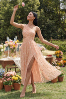 Load image into Gallery viewer, Light Orange Floral Maxi A Line Ruched Beach Wedding Guest Dress with Slit