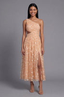 Load image into Gallery viewer, Light Orange Floral Maxi A Line Ruched Beach Wedding Guest Dress with Slit