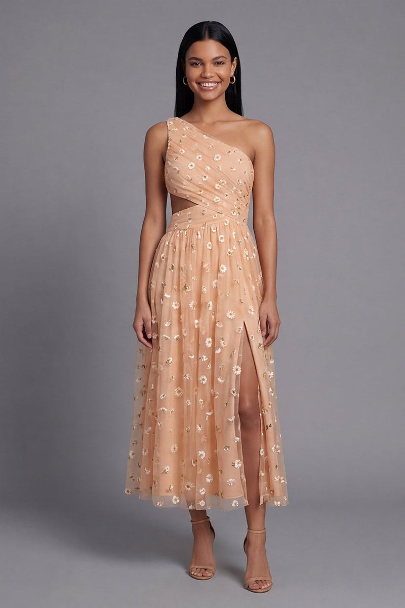 Load image into Gallery viewer, Light Orange Floral Maxi A Line Ruched Beach Wedding Guest Dress with Slit