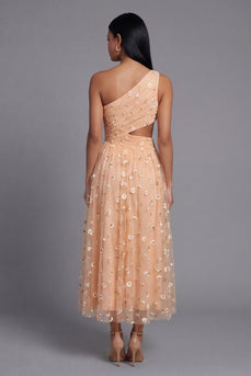 Light Orange Floral Maxi A Line Ruched Beach Wedding Guest Dress with Slit