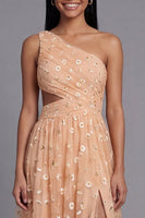 Load image into Gallery viewer, Light Orange Floral Maxi A Line Ruched Beach Wedding Guest Dress with Slit