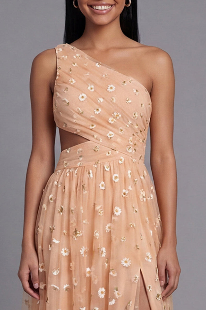 Load image into Gallery viewer, Light Orange Floral Maxi A Line Ruched Beach Wedding Guest Dress with Slit