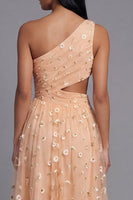 Load image into Gallery viewer, Light Orange Floral Maxi A Line Ruched Beach Wedding Guest Dress with Slit