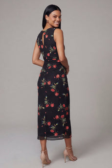 Black Round Neck Floral Maxi Ruched Sheath Beach Wedding Guest Dress