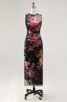 Load image into Gallery viewer, Bateau Neck Black Floral Maxi Ruched Bodycon Beach Wedding Guest Dress