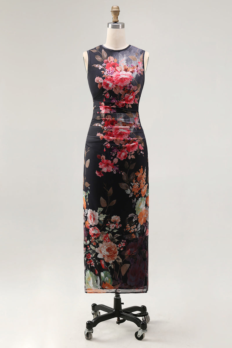 Load image into Gallery viewer, Bateau Neck Black Floral Maxi Ruched Bodycon Beach Wedding Guest Dress